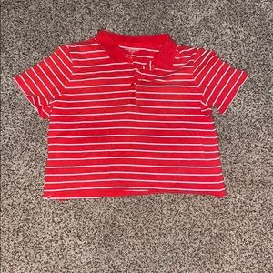 A red-orange white stripes cropped tee.
